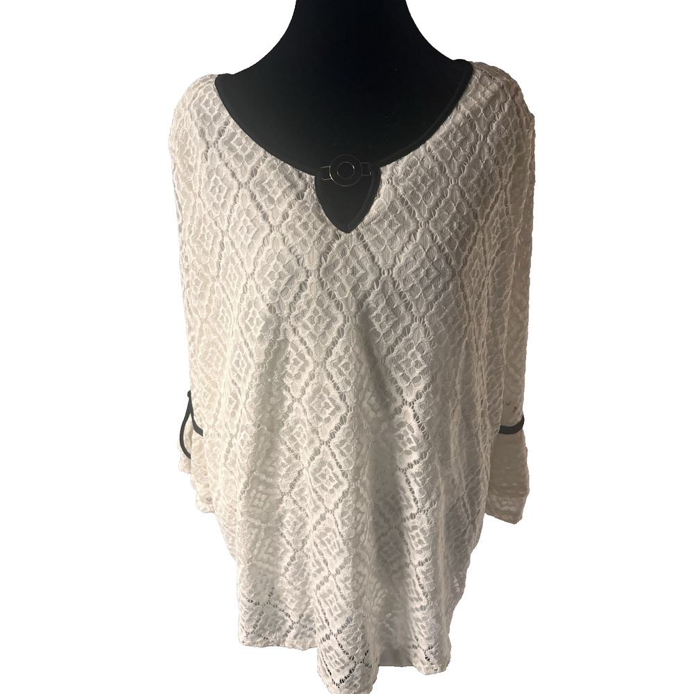 Olivia Blu Lace 3/4 Layered Bell Sleeve Black Trim Cream Women Top 3X NWT - Picture 3 of 8